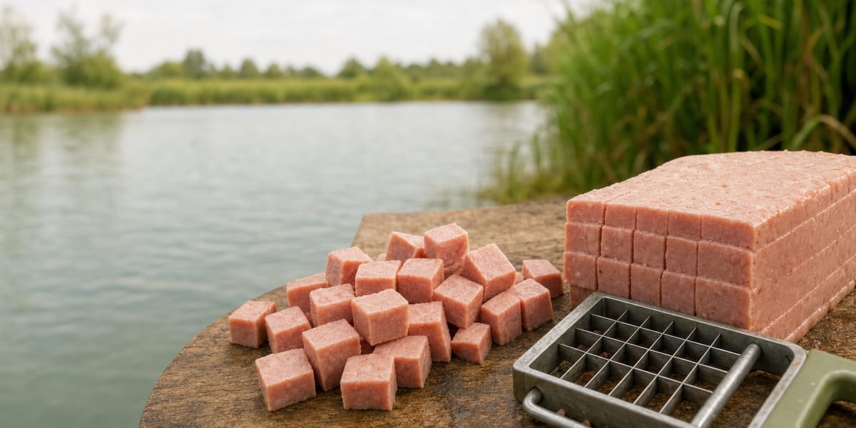Luncheon meat being cut into neat cubes with a fishing meat cutter for bait